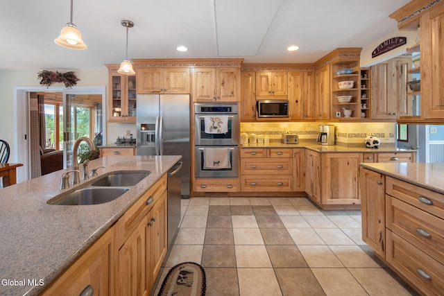 271 Settles Mountain Rd, Cobleskill, NY 12043 - kitchen with stainless steel appliances, open shelves, light stone countertops, hanging light fixtures, and recessed lighting