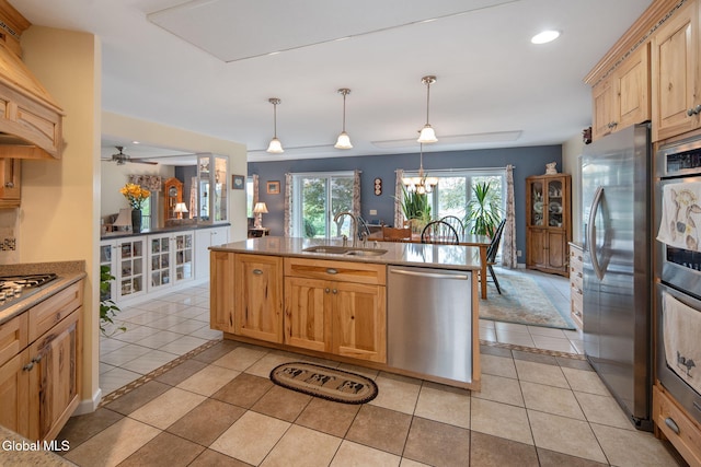 271 Settles Mountain Rd, Cobleskill, NY 12043 - kitchen featuring stainless steel appliances, light tile patterned floors, custom exhaust hood, light brown cabinets, and recessed lighting