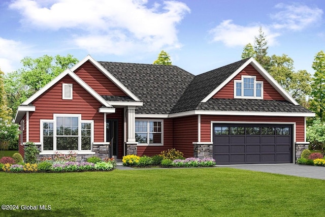 L12 Van Patten Dr, Clifton Park, NY 12065 - craftsman-style home featuring stone siding, asphalt driveway, a front lawn, a garage, and roof with shingles