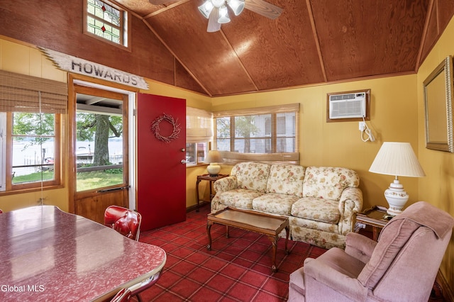 15 Fathom Dr, Stillwater, NY 12866 - living room featuring wood ceiling, healthy amount of natural light, vaulted ceiling, ceiling fan, and an AC wall unit