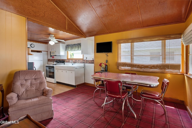 15 Fathom Dr, Stillwater, NY 12866 - dining space with wooden ceiling, vaulted ceiling, and ceiling fan