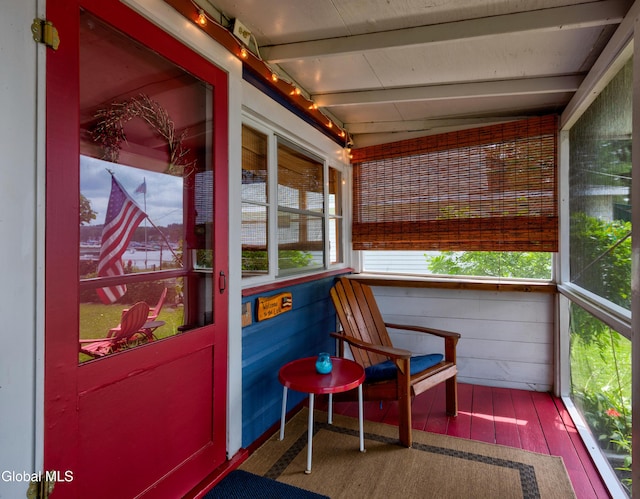 15 Fathom Dr, Stillwater, NY 12866 - sunroom / solarium featuring track lighting, beamed ceiling, and wood finished floors