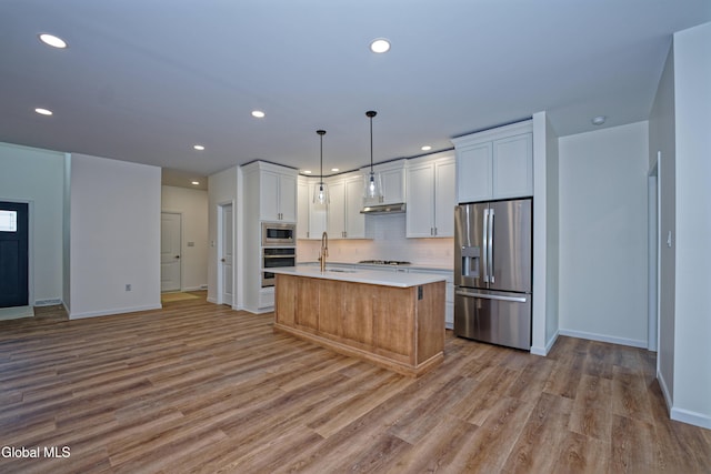 145C Bozenkill Rd, Altamont, NY 12009 - kitchen featuring stainless steel appliances, light countertops, light wood-type flooring, recessed lighting, and white cabinetry