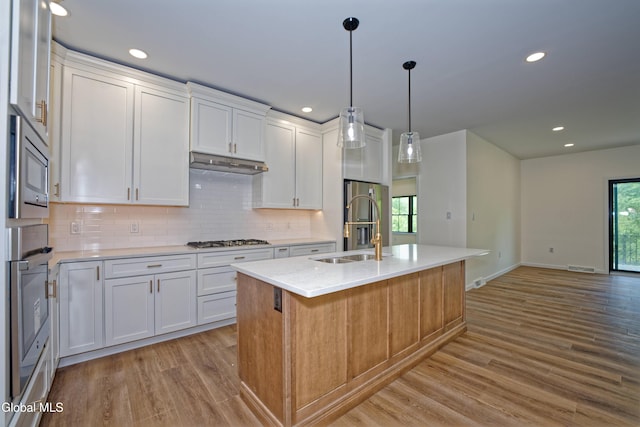 145C Bozenkill Rd, Altamont, NY 12009 - kitchen with appliances with stainless steel finishes, light wood finished floors, backsplash, white cabinetry, and under cabinet range hood
