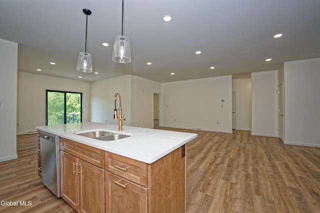 145C Bozenkill Rd, Altamont, NY 12009 - kitchen with dishwasher, recessed lighting, light wood-style flooring, brown cabinetry, and hanging light fixtures