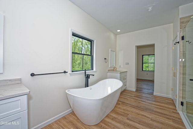 145C Bozenkill Rd, Altamont, NY 12009 - bathroom with vanity, a shower stall, a soaking tub, and wood finished floors