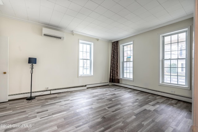 128 Circular St, Saratoga Springs, NY 12866 - unfurnished room featuring a wall mounted air conditioner, ornamental molding, wood finished floors, and a baseboard radiator