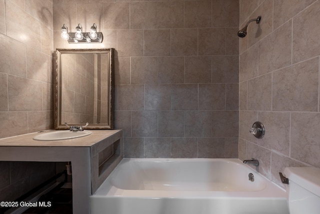 128 Circular St, Saratoga Springs, NY 12866 - bathroom featuring tile walls, vanity, and shower / bath combination