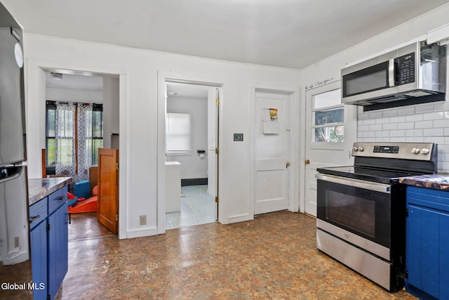 152 Charleston St, Esperance, NY 12066 - kitchen with appliances with stainless steel finishes, blue cabinetry, backsplash, and ornamental molding