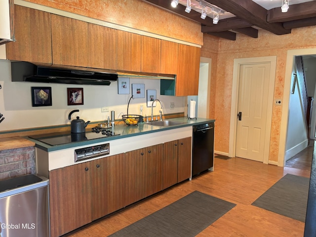 576 County Highway 102, Gloversville, NY 12078 - kitchen featuring extractor fan, black appliances, brown cabinetry, light wood-style floors, and beam ceiling