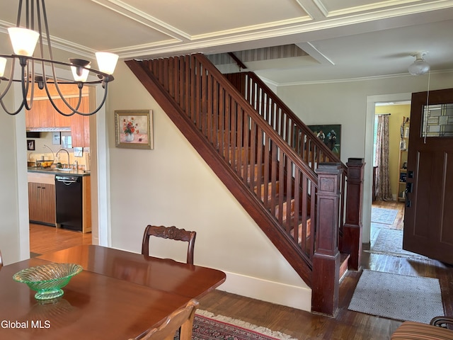 576 County Highway 102, Gloversville, NY 12078 - dining space with stairway, a chandelier, wood finished floors, and crown molding