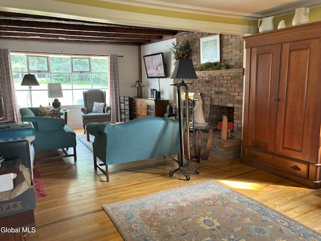 576 County Highway 102, Gloversville, NY 12078 - living area with light wood-type flooring, crown molding, and beamed ceiling
