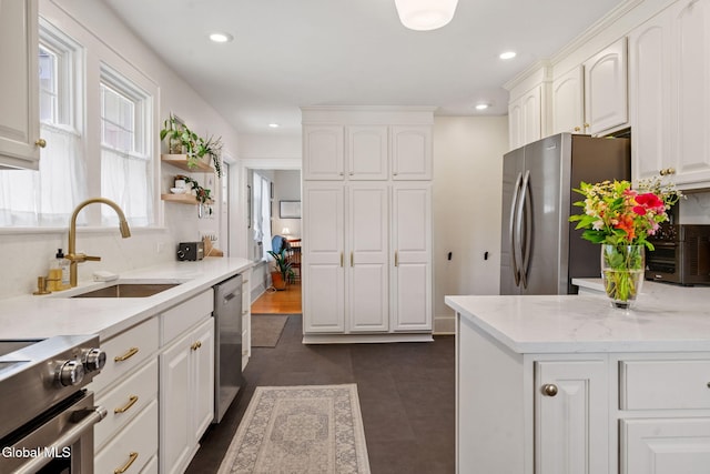 1556 Wendell Ave, Schenectady, NY 12308 - kitchen with stainless steel appliances, white cabinetry, light stone countertops, recessed lighting, and open shelves