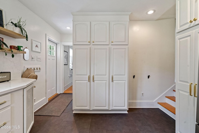 1556 Wendell Ave, Schenectady, NY 12308 - kitchen with white cabinets, open shelves, light stone counters, and recessed lighting