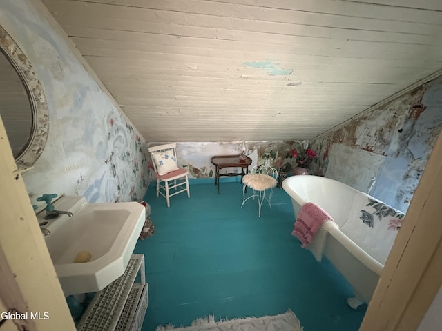 5 Spring St, Port Henry, NY 12974 - full bath with a soaking tub, wooden ceiling, and wallpapered walls