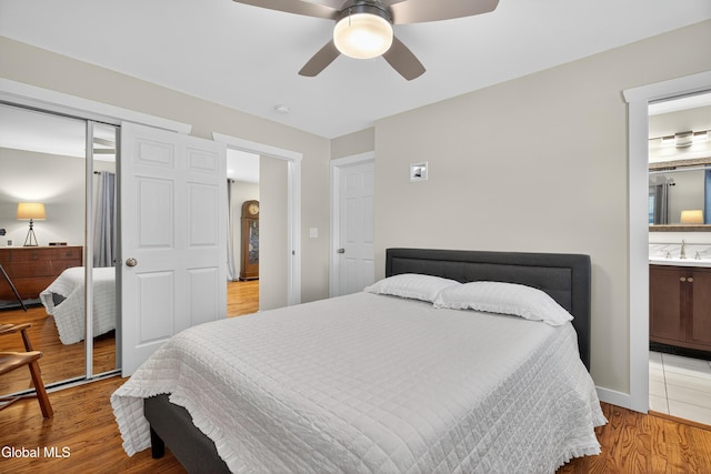 55 Crescent Ave, Saratoga Springs, NY 12866 - bedroom with light wood-style floors, a closet, ceiling fan, and connected bathroom