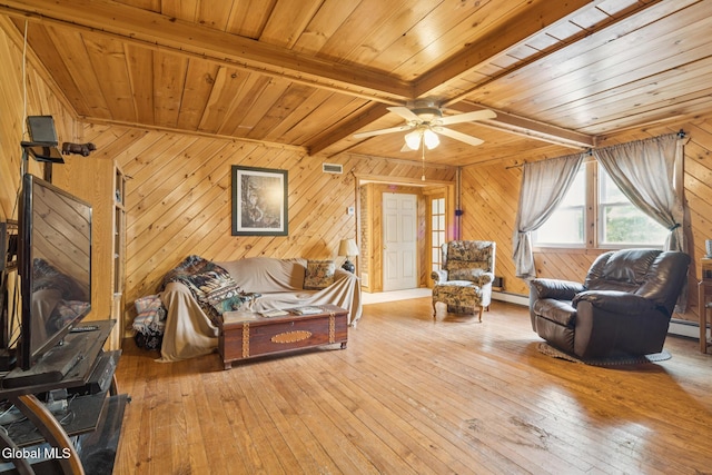 420 Caverns Rd, Cobleskill, NY 12092 - living room with a wooden ceiling with exposed beams, wood walls, hardwood / wood-style floors, a ceiling fan, and a baseboard radiator