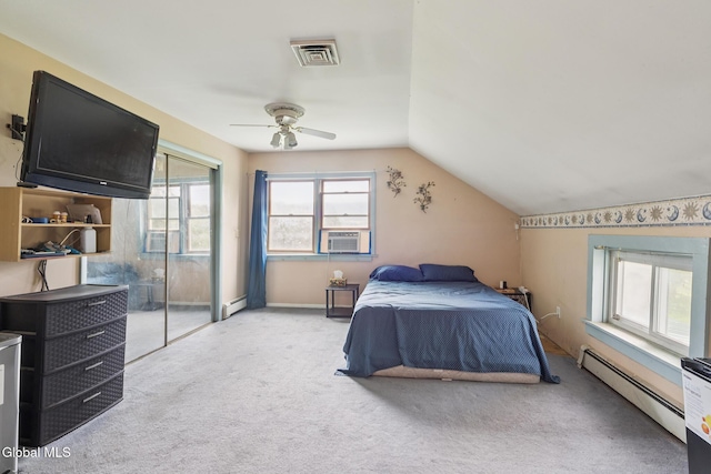 420 Caverns Rd, Cobleskill, NY 12092 - bedroom with a baseboard heating unit, light colored carpet, lofted ceiling, cooling unit, and a ceiling fan