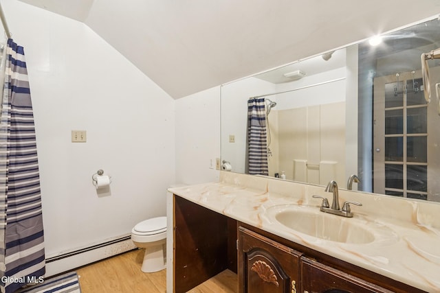420 Caverns Rd, Cobleskill, NY 12092 - bathroom featuring a baseboard radiator, vanity, wood finished floors, and vaulted ceiling