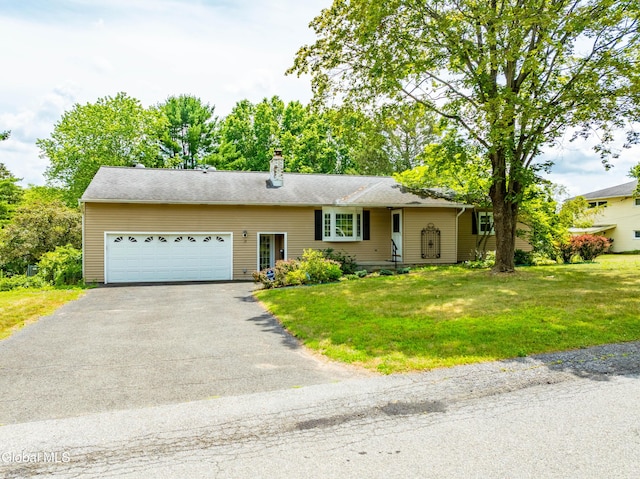 19 Drawbridge Dr, Guilderland, NY 12203 - view of front of property with a garage, a chimney, asphalt driveway, and a front lawn