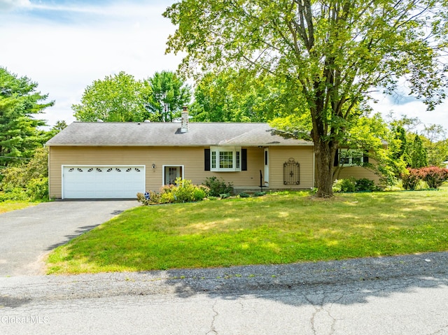 19 Drawbridge Dr, Guilderland, NY 12203 - ranch-style home with driveway, an attached garage, a front yard, and a chimney