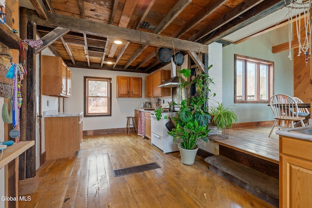 34 Old New Salem Rd, New Scotland, NY 12186 - kitchen with light wood-style floors, white range, light countertops, brown cabinetry, and wood ceiling