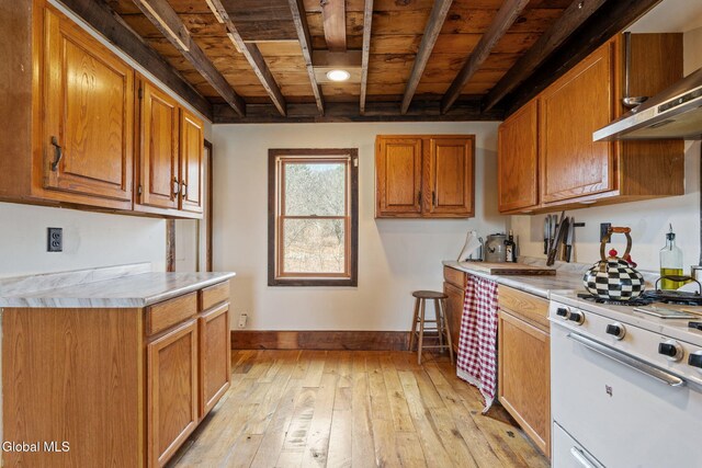 34 Old New Salem Rd, New Scotland, NY 12186 - kitchen featuring wooden ceiling, white range with gas stovetop, light countertops, light wood-style flooring, and brown cabinetry