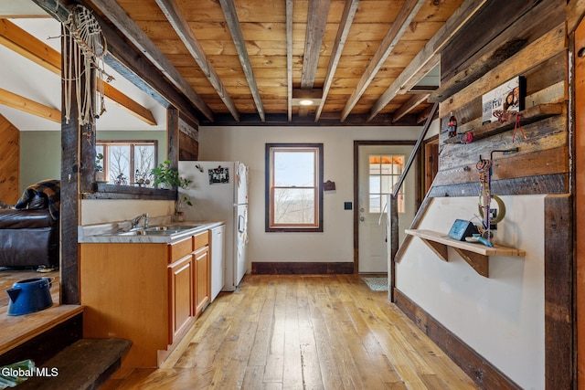 34 Old New Salem Rd, New Scotland, NY 12186 - kitchen with a wood ceiling with exposed beams, stainless steel counters, light wood finished floors, white appliances, and brown cabinets