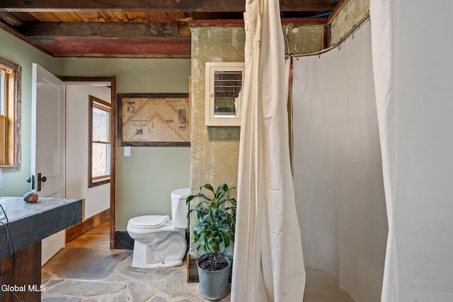 34 Old New Salem Rd, New Scotland, NY 12186 - bathroom with curtained shower and a wooden ceiling with exposed beams