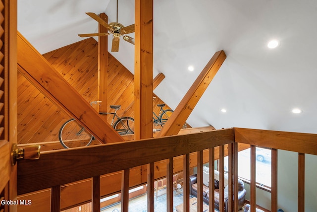 34 Old New Salem Rd, New Scotland, NY 12186 - stairway featuring ceiling fan, high vaulted ceiling, recessed lighting, and wooden walls