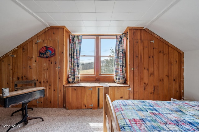 34 Old New Salem Rd, New Scotland, NY 12186 - bedroom featuring lofted ceiling, wood walls, and carpet flooring