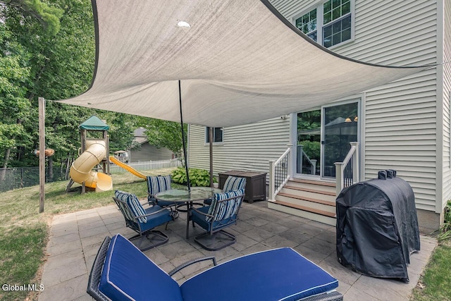 54 S Whitney Rd, Stillwater, NY 12866 - view of patio featuring entry steps, area for grilling, a playground, and outdoor dining space