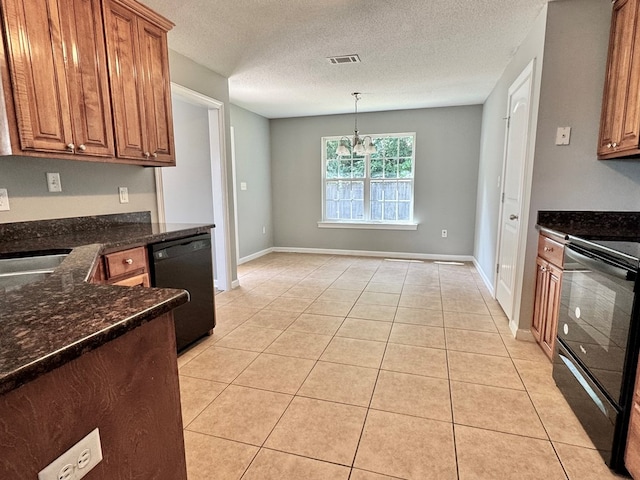 5341 Branch Pt, Valdosta, GA 31605 - kitchen with black appliances, a chandelier, brown cabinetry, light tile patterned floors, and dark stone counters