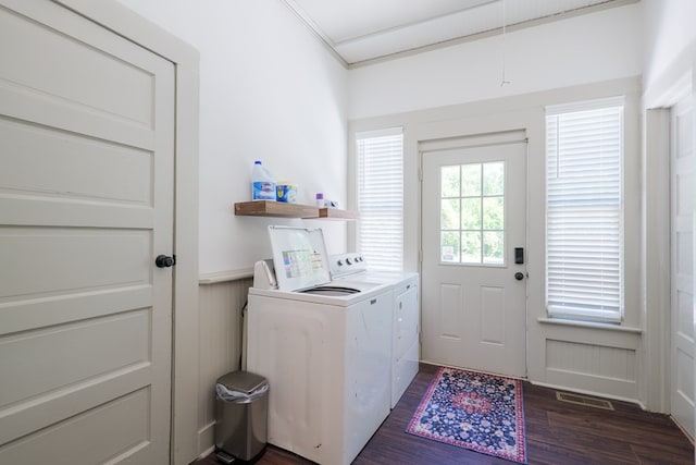 1611 N Patterson St, Valdosta, GA 31602 - washroom featuring independent washer and dryer, wainscoting, dark wood-type flooring, and crown molding