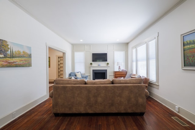 1611 N Patterson St, Valdosta, GA 31602 - living area featuring a fireplace, dark wood-type flooring, and crown molding