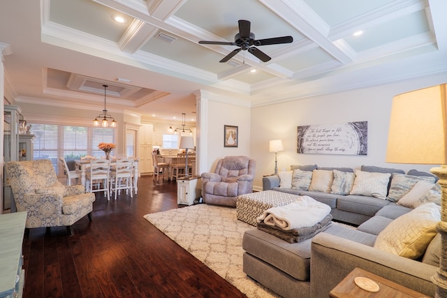 living room with coffered ceiling, ceiling fan with notable chandelier, crown molding, dark hardwood / wood-style floors, and beamed ceiling