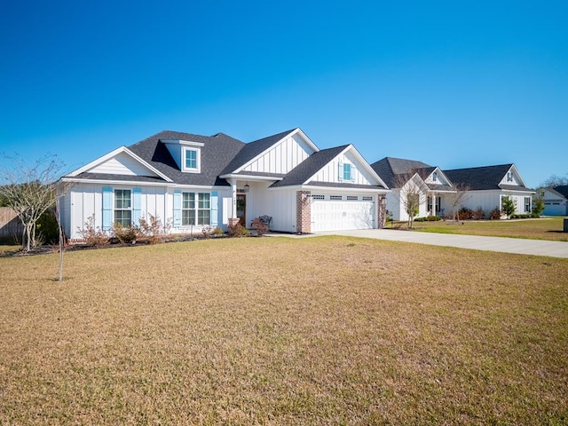 modern farmhouse style home featuring board and batten siding, an attached garage, driveway, and a front lawn