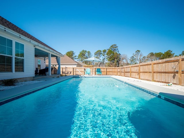 view of swimming pool featuring a fenced in pool, a patio area, and a fenced backyard