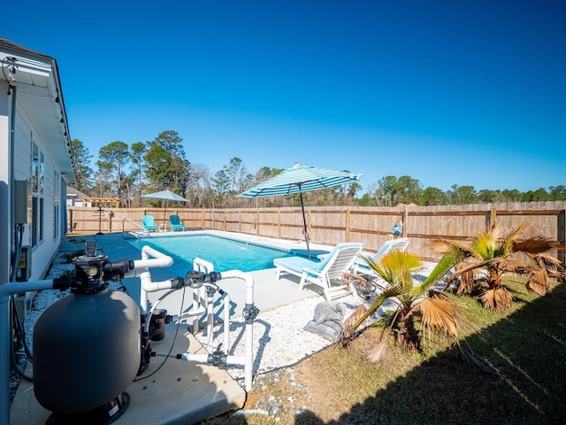 view of pool featuring a fenced backyard, a fenced in pool, and a patio