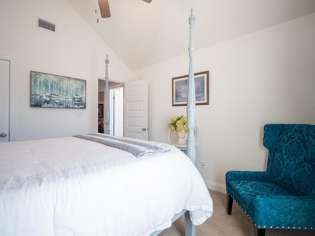 bedroom featuring carpet floors, visible vents, a ceiling fan, high vaulted ceiling, and baseboards