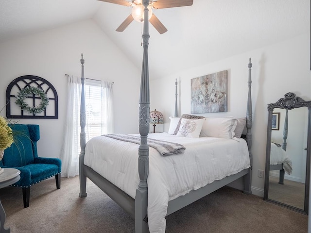 carpeted bedroom featuring lofted ceiling and ceiling fan