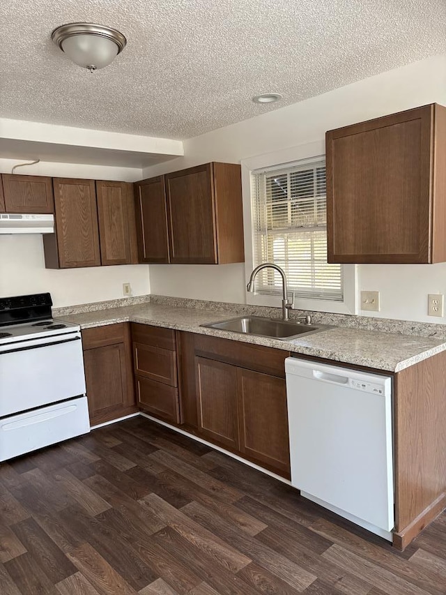 kitchen featuring dark hardwood / wood-style flooring, sink, white appliances, and a textured ceiling