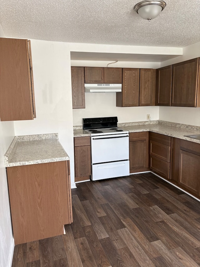 kitchen with white range with electric cooktop, dark hardwood / wood-style floors, sink, and a textured ceiling