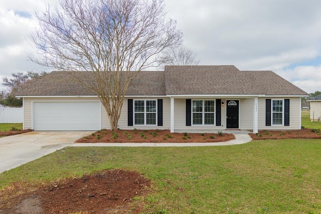 single story home featuring an attached garage, a front lawn, concrete driveway, and roof with shingles