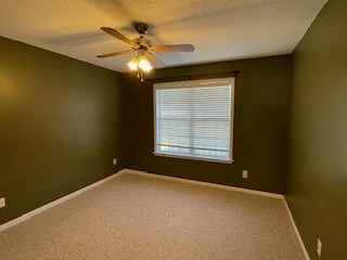 spare room with carpet floors, baseboards, a ceiling fan, and a textured ceiling