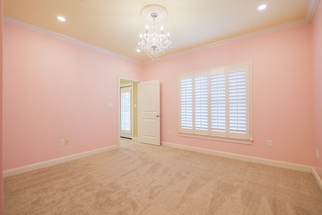 unfurnished room with light carpet, crown molding, and a notable chandelier