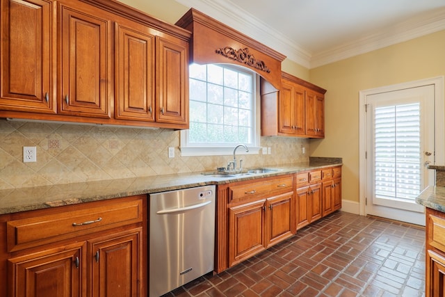 kitchen with backsplash, dishwasher, sink, and ornamental molding