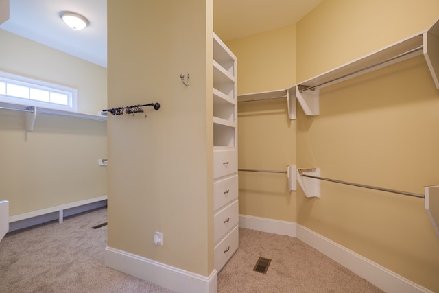 walk in closet with light colored carpet