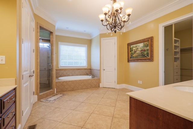 bathroom with independent shower and bath, crown molding, vanity, and a chandelier