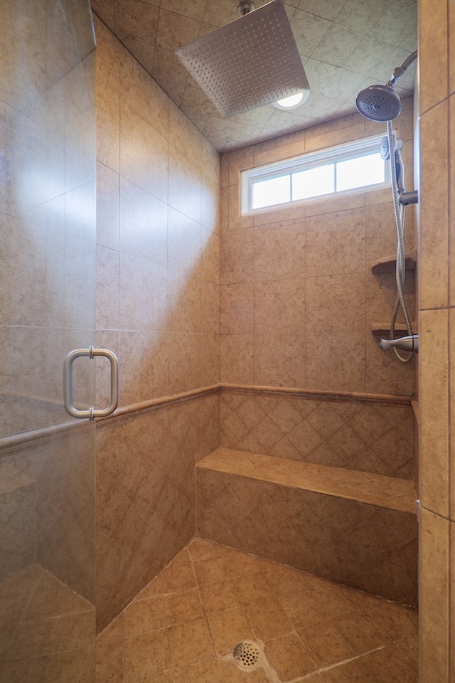 bathroom with a shower with shower door